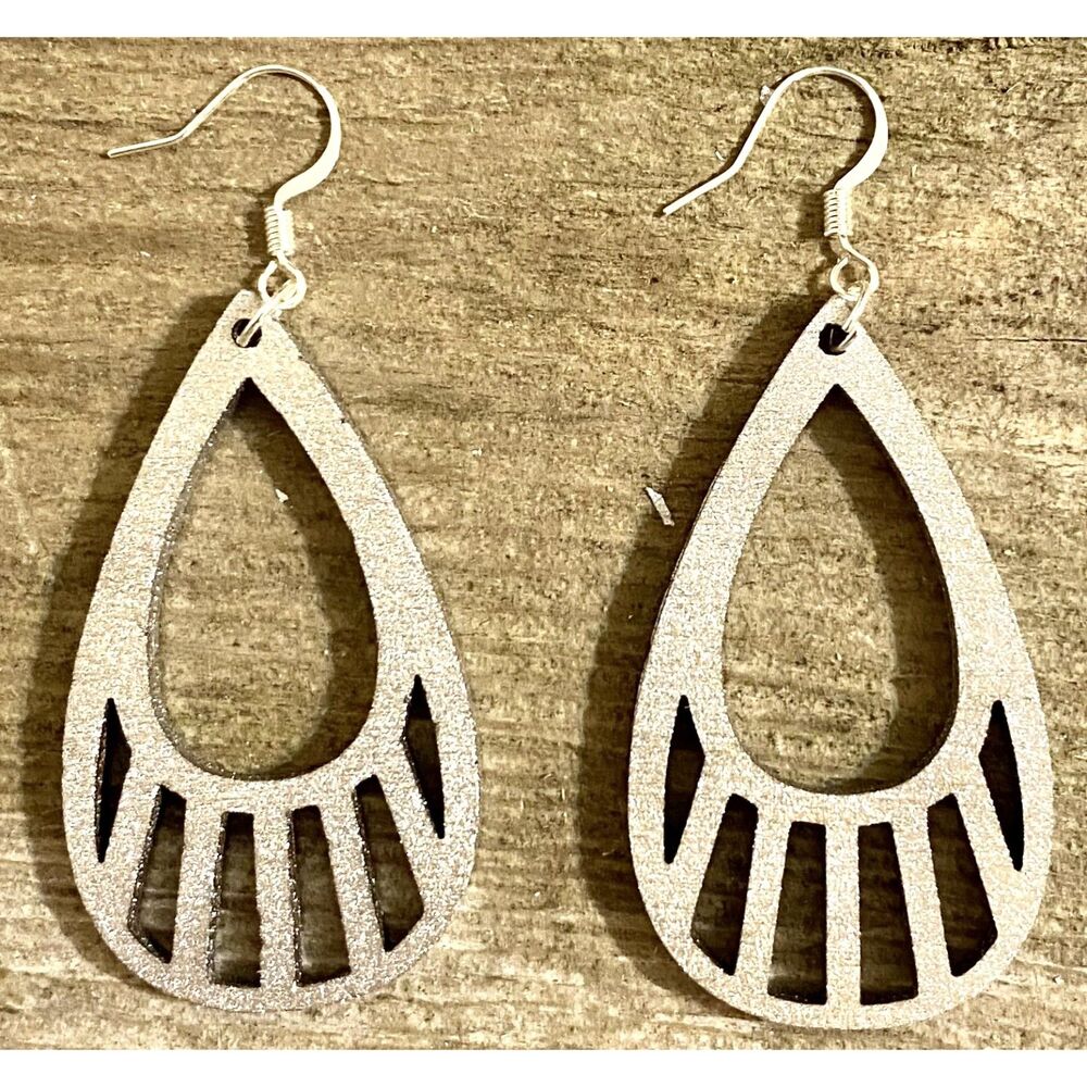 Teardrop Wood Earrings, Metallic Silver - E009-06